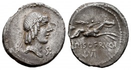Calpurnia. L. Calpurnius Piso Frugi. Denario. 90-89 a.C. Roma. (Ffc-244). (Cal-307a). Anv.: Cabeza laureada de Apolo a derecha, debajo del mentón letr...