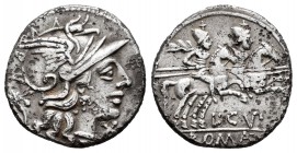 Cupiennia. L. Cupiennius. Denario. 147 a.C. Roma. (Craw-218/1). (Rsc-Cupiennia 1). (Ffc-665). Anv.: Busto de Roma a derecha, detrás cuerno de la abund...