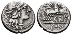 Renia. C. Renius. Denario. 138 a.C. Roma. (Ffc-1088 o 1089). (Craw-231/1). (Cal-1230). Anv.: Cabeza de Roma a derecha, detrás: X. Rev.: Juno Caprotina...