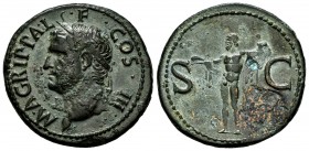 Agripa. As. 37-41 d.C. Roma. (Ric-58). (Bmcre-161). Anv.: M AGRIPPA L F COS III. Cabeza con corona rostral a izquierda. Rev.: Neptuno en pie a la izqu...