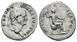 Vespasiano. Denario. 73 d.C. Roma. (Spink-2305). (Ric-65). (Seaby-387). Rev.: PONTIF MAXIM. Vespasiano sentado a derecha con cetro y rama. Ag. 3,13 g....