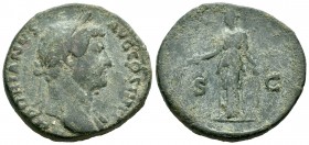 Adriano. Sestercio. 136 d.C. Roma. (Spink-3645). (Ric-777). Rev.: SC. Diana con arco y flecha. Ae. 26,81 g. BC+. Est...100,00.