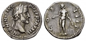 Antonino Pío. Denario. 149 d.C. Roma. (Seaby-4069 variante). (Ric-180). (Seaby-218). Anv.: Final de leyenda P P TRP XII. Rev.: COS IIII. Ag. 3,48 g. M...