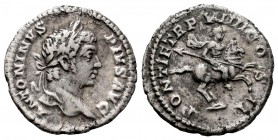 Caracalla. Denario. 206 d.C. Roma. (Spink-6861). (Ric-84). (Seaby-427). Rev.: PONTIF TR P VIIII COS II. El emperador galopando a derecha con lanza. Ag...