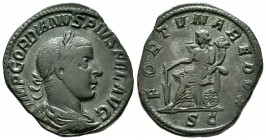 Gordiano III. Sestercio. 243-244 d.C. Roma. (Spink-8708). (Ric-331a). Rev.: FORTVNA REDVX SC. Fortuna sentada a izquierda con timón y cuerno de la abu...