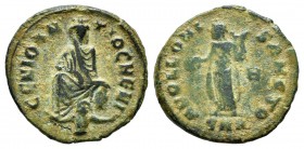 Maximino II Daza. 1/4 follis. 310-313 d.C. Antioquía. (McAlee-170b). (Vagi-2954). Anv.: GENIO ANTIOCHENI. Tyche sendente de frente con el dios del río...