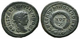 Constantino II. Follis. 316-327 d.C. Lugdunum. (Ric-221 var, 215 var). Anv.: CONSTANTINVS IVN NOB C. Cabeza laureada a derecha. Rev.: CAESARVM NOSTROR...