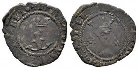 Fernando e Isabel (1474-1504). Blanca. Toledo. (Cal-53). (Rs-832). Ae. 1,48 g. T - M en reverso. MBC-. Est...15,00.