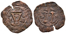 Juana y Carlos (1504-1555). 4 maravedís. Santo Domingo. (Cal-35). Anv.: F - IIII. Rev.: S - P. Ae. 2,44 g. BC. Est...35,00.