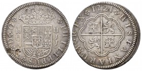 Felipe V (1700-1746). 2 reales. 1721. Cuenca. JJ. (Cal-671). Ag. 6,46 g. Hojas en anverso. MBC+. Est...50,00.