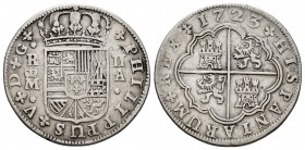Felipe V (1700-1746). 2 reales. 1723. Madrid. A. (Cal-777). Ag. 4,53 g. BC+/MBC-. Est...35,00.