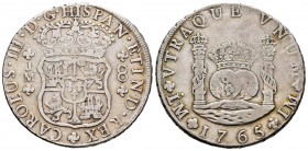 Carlos III (1759-1788). 8 reales. 1765. Lima. JM. (Cal-1025). Ag. 26,51 g. Punto sobre la primera LMA. MBC-. Est...200,00.