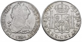 Carlos III (1759-1788). 8 reales. 1784. México. FM. (Cal-1126). Ag. 26,81 g. BC+/MBC-. Est...35,00.