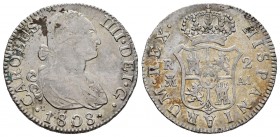 Carlos IV (1788-1808). 2 reales. 1808. Madrid. AI. (Cal-619). Ag. 5,93 g. Leve oxidación en anverso. MBC-. Est...30,00.