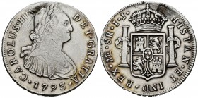 Carlos IV (1788-1808). 8 reales. 1793. Lima. IJ. (Cal-909). Ag. 26,93 g. Soldadura reparada. MBC+. Est...50,00.