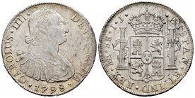 Carlos IV (1788-1808). 8 reales. 1798. Lima. IJ. (Cal-916). Ag. 26,71 g. Restos de brillo original. MBC+/EBC-. Est...90,00.