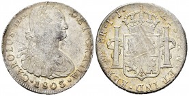 Carlos IV (1788-1808). 8 reales. 1803. Lima. IJ. (Cal-922). Ag. 26,71 g. MBC-. Est...40,00.