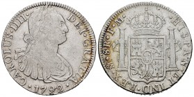 Carlos IV (1788-1808). 8 reales. 1792. México. FM. (Cal-954). Ag. 26,63 g. BC+. Est...35,00.