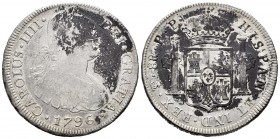 Carlos IV (1788-1808). 8 reales. 1796. Potosí. PP. (Cal-1000). Ag. 26,64 g. Oxidacines. BC+. Est...40,00.