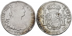 Carlos IV (1788-1808). 8 reales. 1796. México. FM. (Cal-959). Ag. 26,44 g. BC+. Est...35,00.