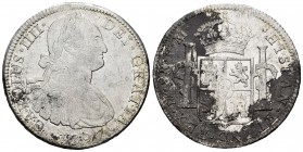 Carlos IV (1788-1808). 8 reales. 1797. México. FM. (Cal-960). Ag. 26,82 g. Oxidaciones en reverso. Limpiada. MBC-. Est...40,00.