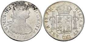 Carlos IV (1788-1808). 8 reales. 1800. México. FM. (Cal-965). Ag. 26,76 g. Oxidaciones en anverso. Ligeramente limpiada. MBC+. Est...60,00.