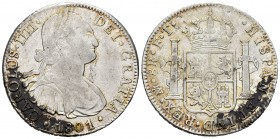 Carlos IV (1788-1808). 8 reales. 1801. México. FT. (Cal-972). Ag. 26,74 g. Zonas con oxidaciones. MBC/MBC+. Est...45,00.