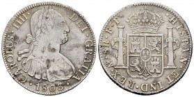 Carlos IV (1788-1808). 8 reales. 1803. México. FT. (Cal-977). Ag. 26,72 g. MBC-/MBC. Est...50,00.