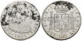 Carlos IV (1788-1808). 8 reales. 1804. Potosí. PJ. (Cal-1008). Ag. 26,81 g. Oxidaciones superficiales. MBC+. Est...60,00.