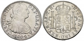 Carlos IV (1788-1808). 8 reales. 1804. México. TH. (Cal-980). Ag. 26,74 g. Limpiada. MBC+. Est...70,00.