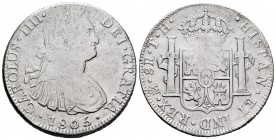 Carlos IV (1788-1808). 8 reales. 1805. México. TH. (Cal-983). Ag. 26,46 g. Oxidaciones limpiadas. MBC-. Est...35,00.