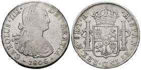 Carlos IV (1788-1808). 8 reales. 1806. México. TH. (Cal-984). Ag. 26,64 g. BC+. Est...35,00.