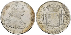 Carlos IV (1788-1808). 8 reales. 1808/7. México. TH. (Cal-987). Ag. 26,92 g. Plata agria y golpecito en el canto. Limpiada. EBC-. Est...75,00.