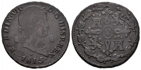 Fernando VII (1808-1833). 8 maravedís. 1815. Segovia. (Cal 2008-1672). Ae. 11,74 g. Dos puntos a la izquierda de la fecha. BC+. Est...35,00.