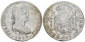 Fernando VII (1808-1833). 8 reales. 1817. México. JJ. (Cal-1332). Ag. 26,65 g. Escasa. BC+. Est...50,00.