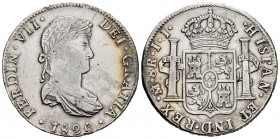 Fernando VII (1808-1833). 8 reales. 1820. México. JJ. (Cal-1336). Ag. 26,86 g. Raya en anverso. Limpiada. MBC+. Est...70,00.