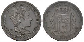 Alfonso XII (1874-1885). 5 céntimos. 1878. Barcelona. OM. Ae. 4,87 g. Grabado satírico. MBC+. Est...20,00.