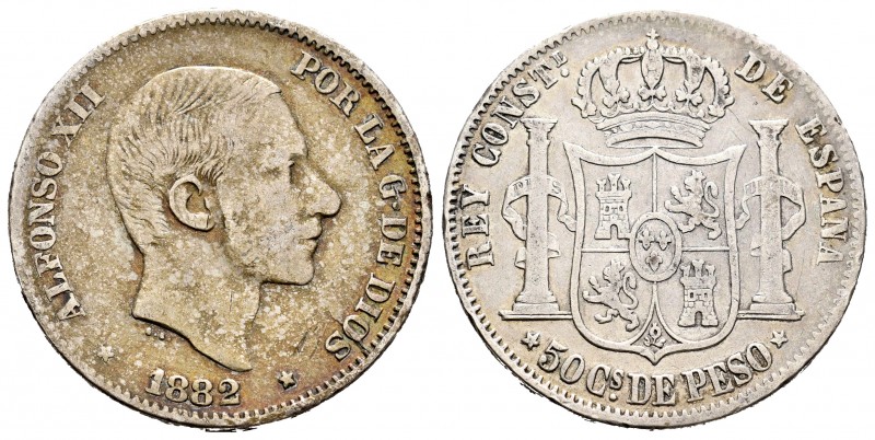 Alfonso XII (1874-1885). 50 centavos. 1882. Manila. (Cal-118). Ag. 12,75 g. BC+....