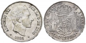 Alfonso XII (1874-1885). 50 centavos. 1885. Manila. (Cal-124). Ag. 12,84 g. MBC+/EBC. Est...50,00.