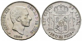 Alfonso XII (1874-1885). 50 centavos. 1885. Manila. (Cal-124). Ag. 12,93 g. MBC+. Est...50,00.