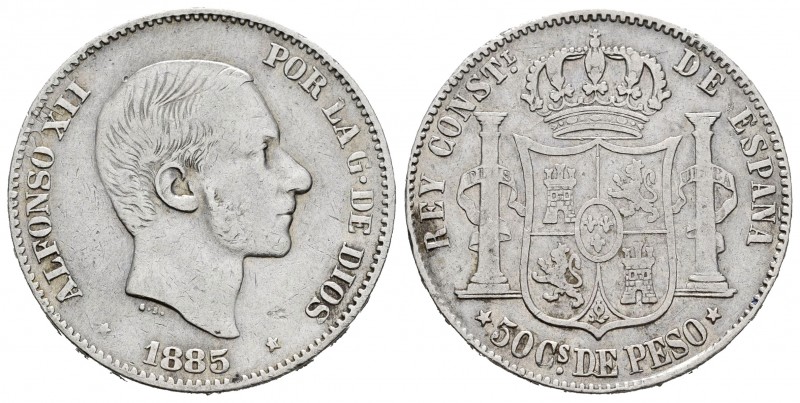 Alfonso XII (1874-1885). 50 centavos. 1885. Manila. (Cal-124). Ag. 12,96 g. Limp...