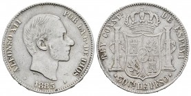 Alfonso XII (1874-1885). 50 centavos. 1885. Manila. (Cal-124). Ag. 12,96 g. Limpiada. BC+. Est...25,00.