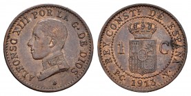 Alfonso XIII (1886-1931). 1 céntimo. 1913*3. Madrid. PCV. (Cal-5). Ae. 1,03 g. EBC. Est...15,00.