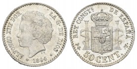 Alfonso XIII (1886-1931). 50 céntimos. 1894*9-4. Madrid. PGV. (Cal-43). Ag. 2,50 g. Restos de brillo original. EBC+. Est...40,00.