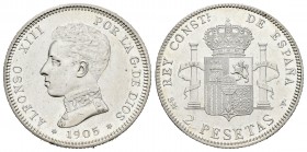 Alfonso XIII (1886-1931). 2 pesetas. 1905*19-05. Madrid. SMV. (Cal-88). Ag. 10,02 g. Rayas en anverso. EBC-. Est...18,00.