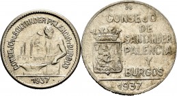 Guerra Civil (1936-1939). 1937. Santander, Palencia y Burgos. Cu-Ni. Serie de dos piezas: 1 peseta y 50 céntimos PJR. MBC+. Est...30,00.
