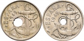 Estado Español (1936-1975). 50 céntimos. 1949. Cu-Ni. Ambas con error, perforación central desplazada y perforación de menor tamaño. EBC/SC. Est...25,...