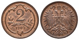 Austria. Franz Joseph I. 2 heller. 1903. (Km-2801). Ae. 3,38 g. Restos de brillo original. SC-. Est...20,00.