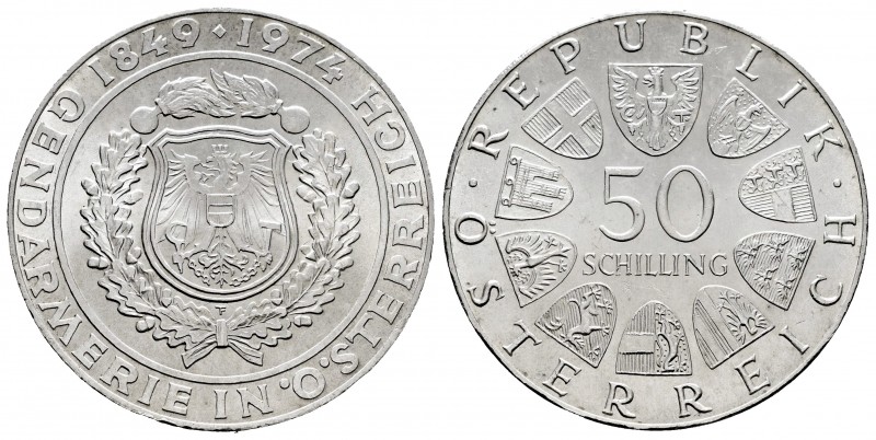 Austria. 50 schilling. 1974. (Km-2920). Ag. 20,00 g. 125 Aniversario del Cuerpo ...