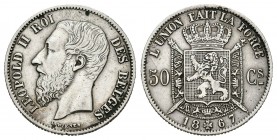 Bélgica. Leopold II. 50 céntimos. 1867. (Km-26). Ag. 2,48 g. MBC+. Est...40,00.